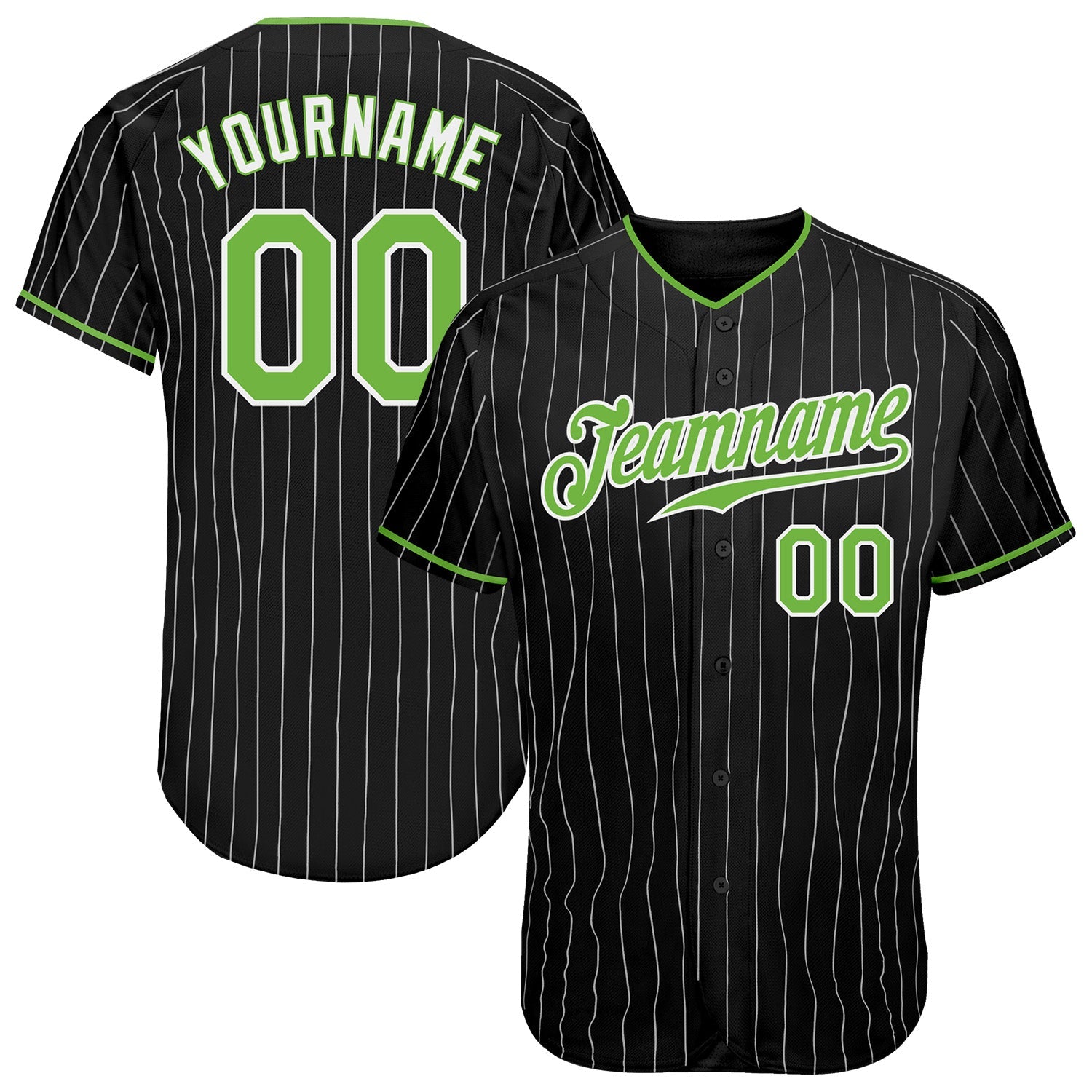 Custom Black White Pinstripe Neon Green-White Authentic Baseball Jersey - Main View