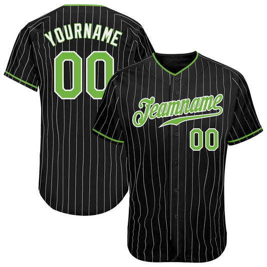 Custom Black White Pinstripe Neon Green-White Authentic Baseball Jersey - Main View