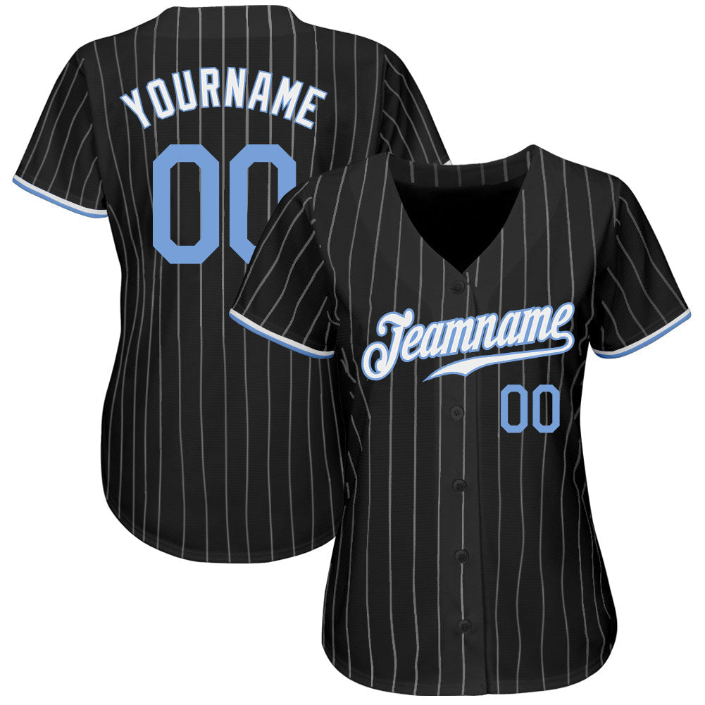 Custom Black White Pinstripe Light Blue-White Authentic Baseball Jersey view 2