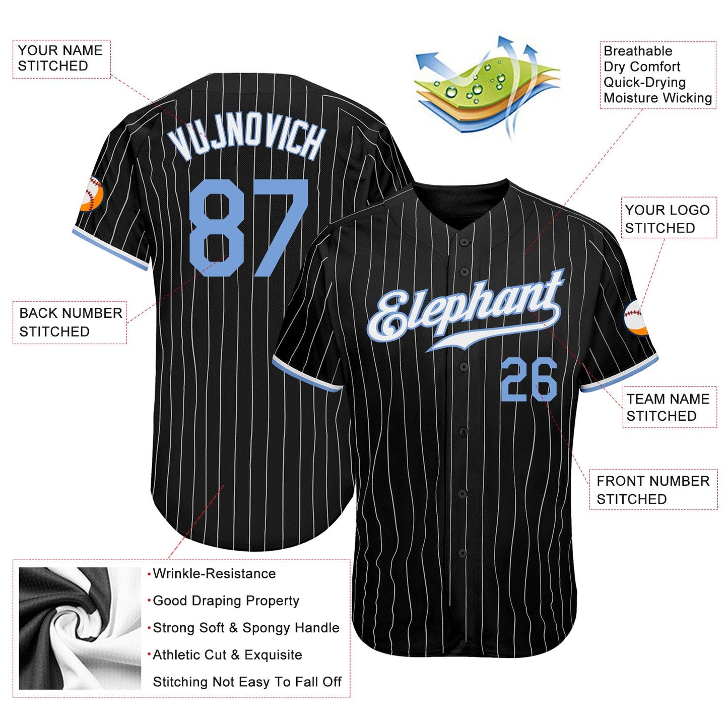 Custom Black White Pinstripe Light Blue-White Authentic Baseball Jersey view 3