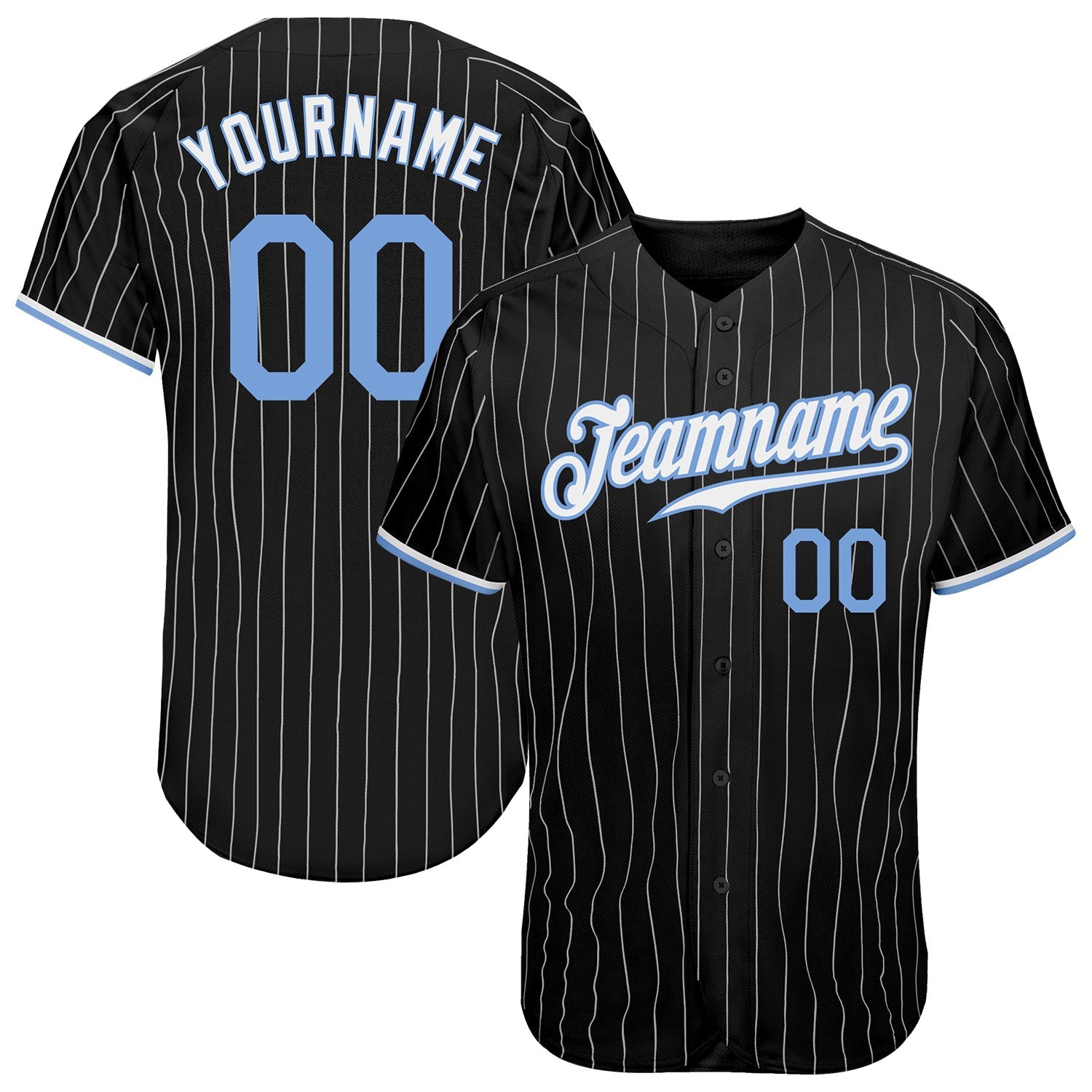 Custom Black White Pinstripe Light Blue-White Authentic Baseball Jersey - Main View