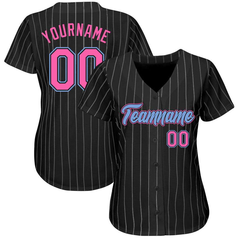 Custom Black White Pinstripe Pink-Light Blue Authentic Baseball Jersey view 2