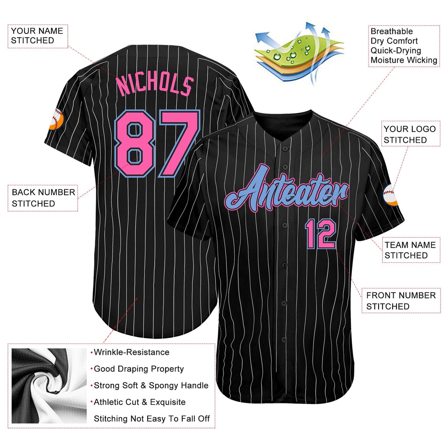 Custom Black White Pinstripe Pink-Light Blue Authentic Baseball Jersey view 3