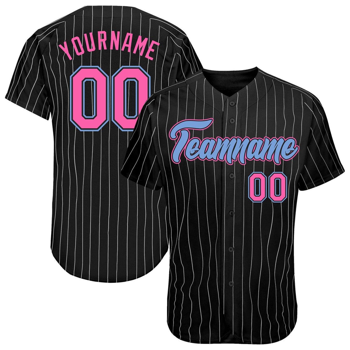 Custom Black White Pinstripe Pink-Light Blue Authentic Baseball Jersey - Main View