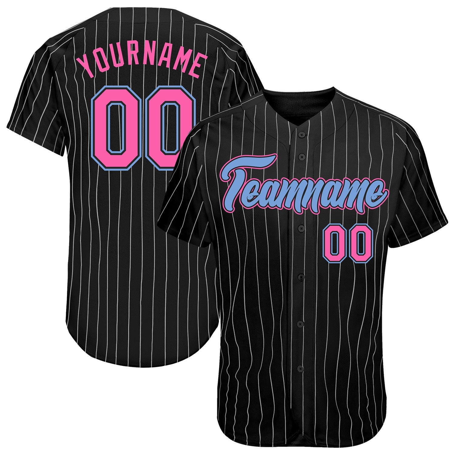 Custom Black White Pinstripe Pink-Light Blue Authentic Baseball Jersey - Main View