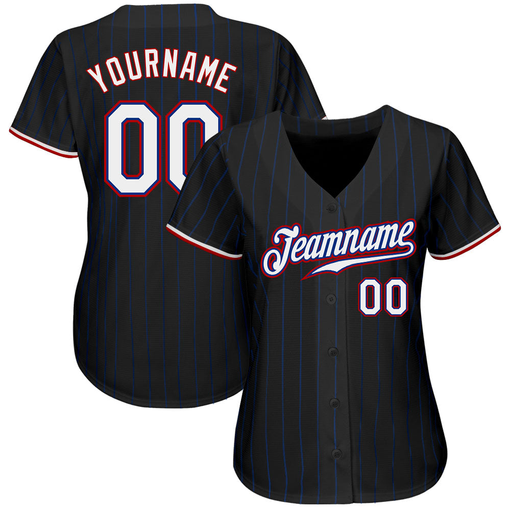 Custom Black Royal Pinstripe White-Red Authentic Baseball Jersey view 2