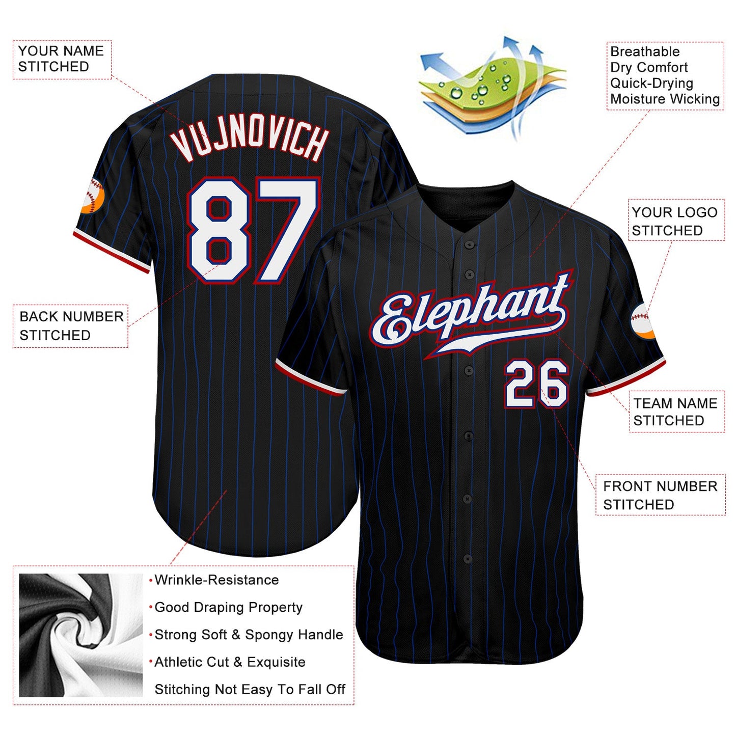 Custom Black Royal Pinstripe White-Red Authentic Baseball Jersey view 3