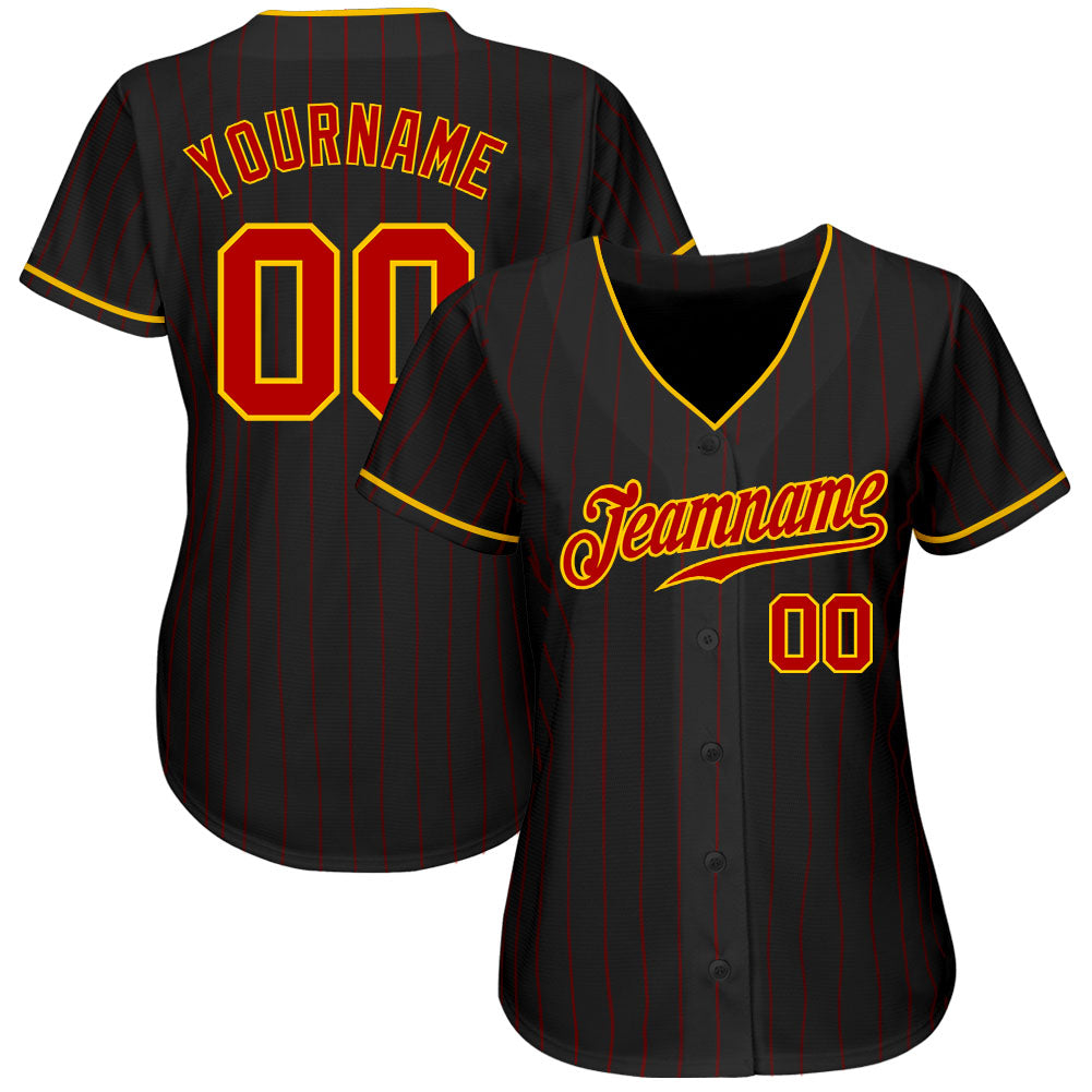 Custom Black Red Pinstripe Red-Gold Authentic Baseball Jersey view 2