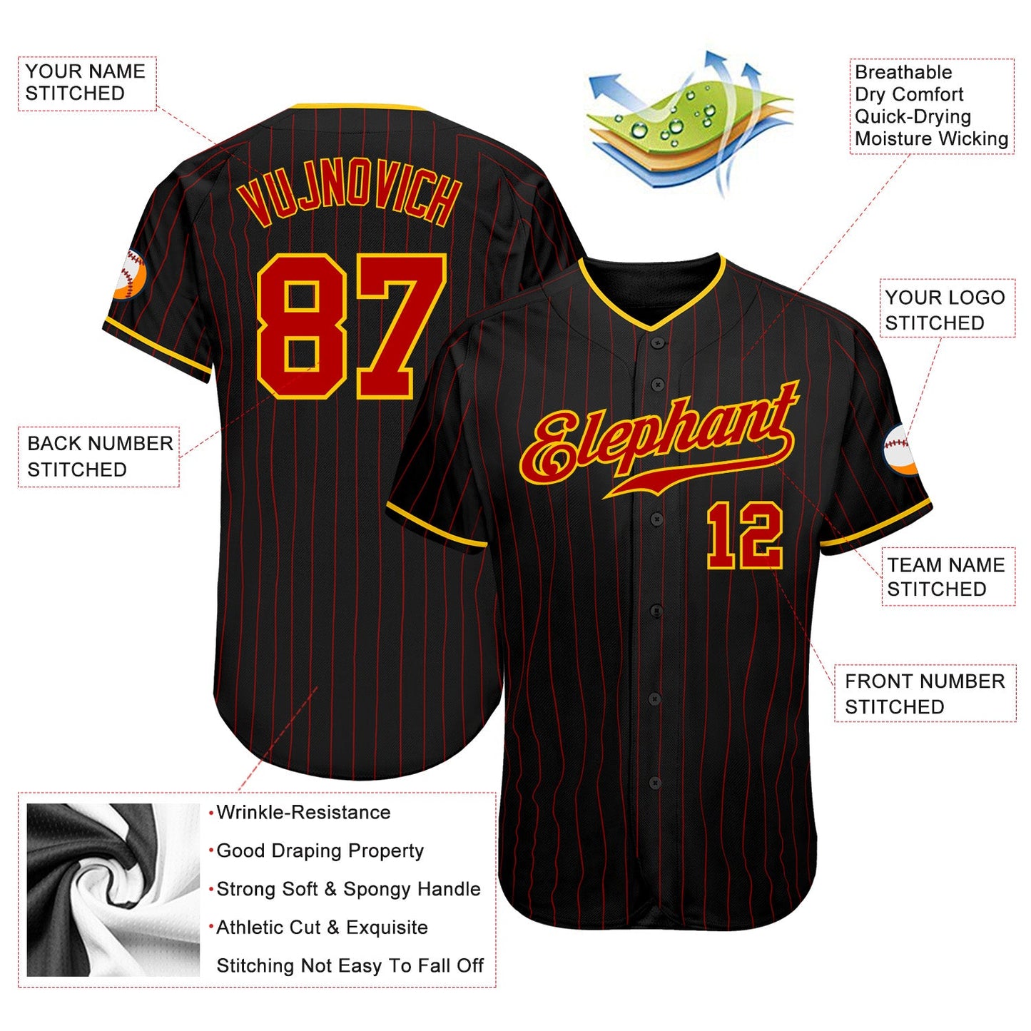 Custom Black Red Pinstripe Red-Gold Authentic Baseball Jersey view 3