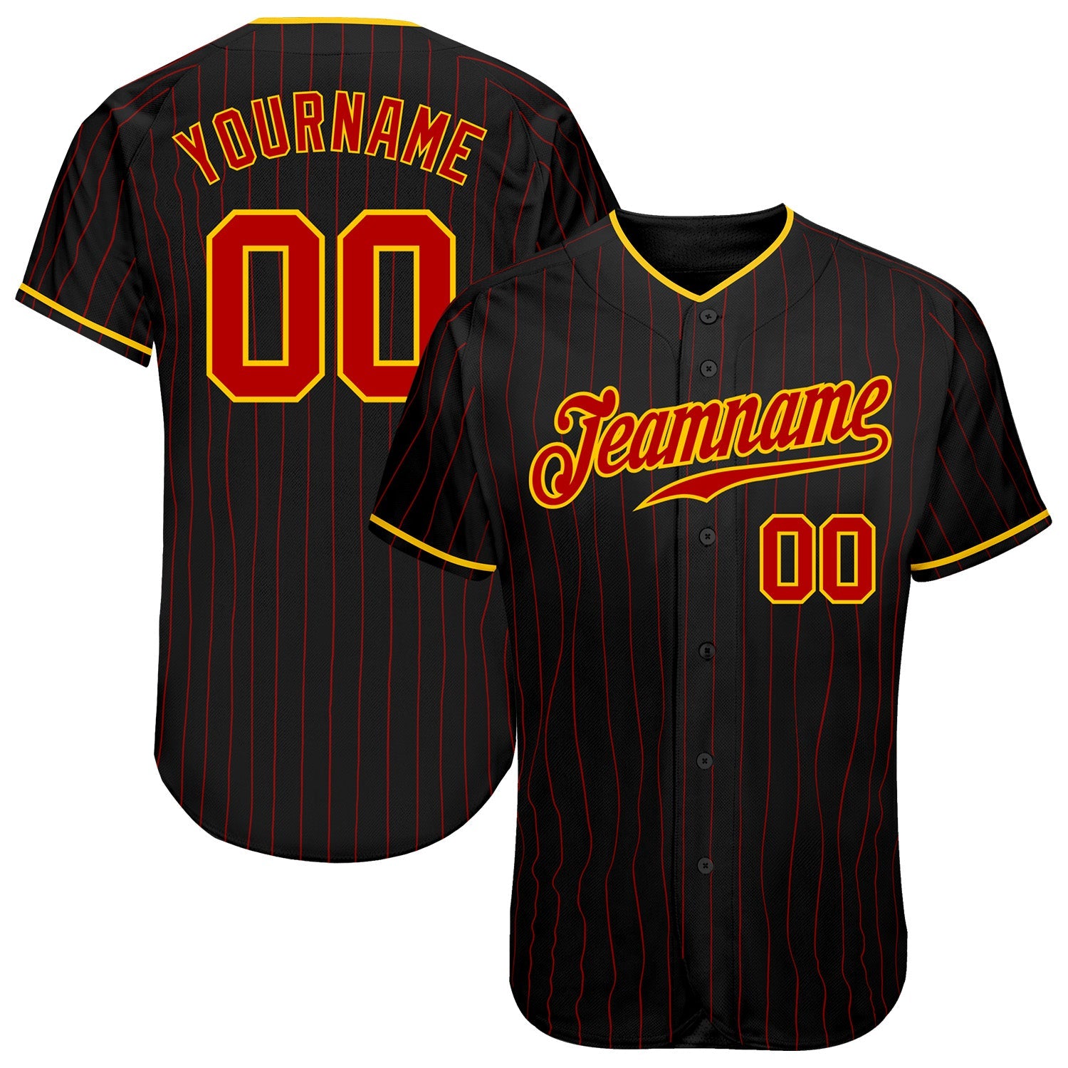 Custom Black Red Pinstripe Red-Gold Authentic Baseball Jersey - Main View