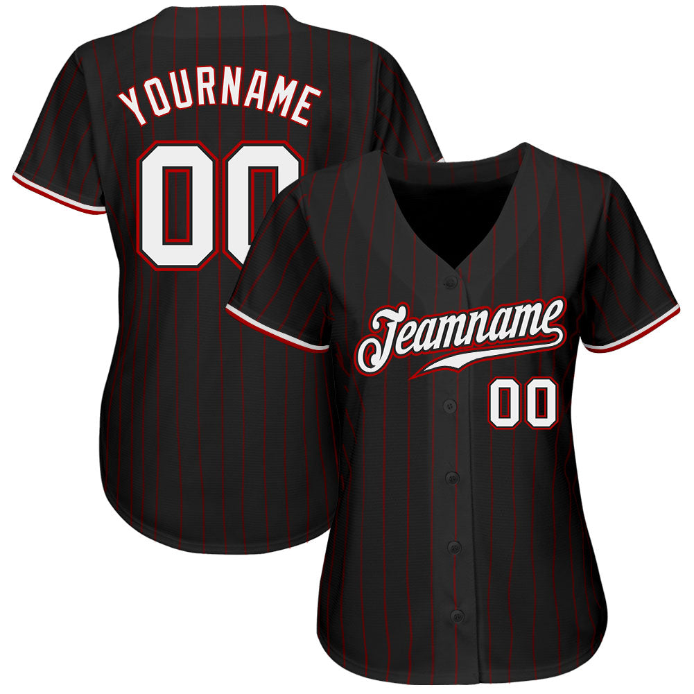 Custom Black Red Pinstripe White-Red Authentic Baseball Jersey view 2