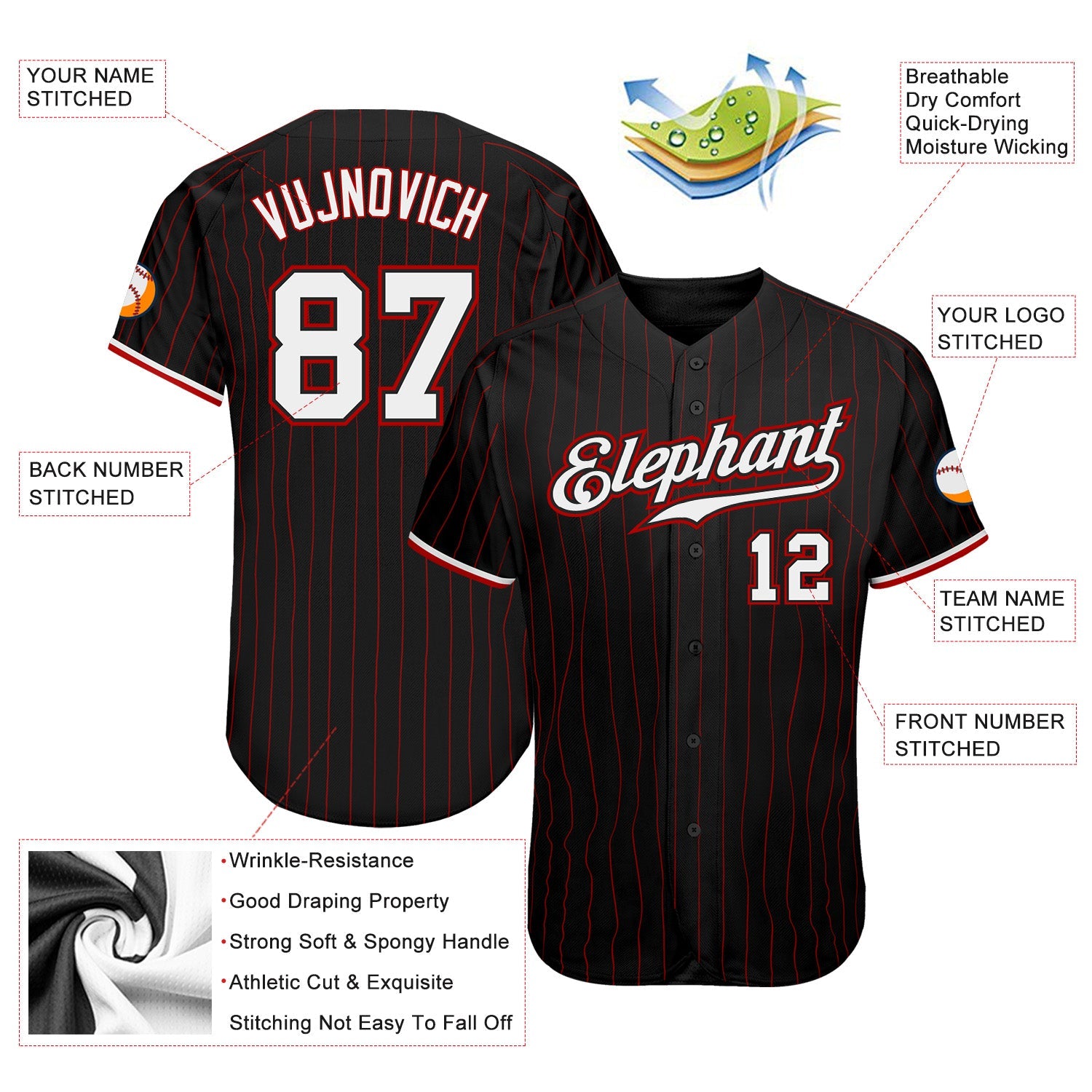 Custom Black Red Pinstripe White-Red Authentic Baseball Jersey view 3