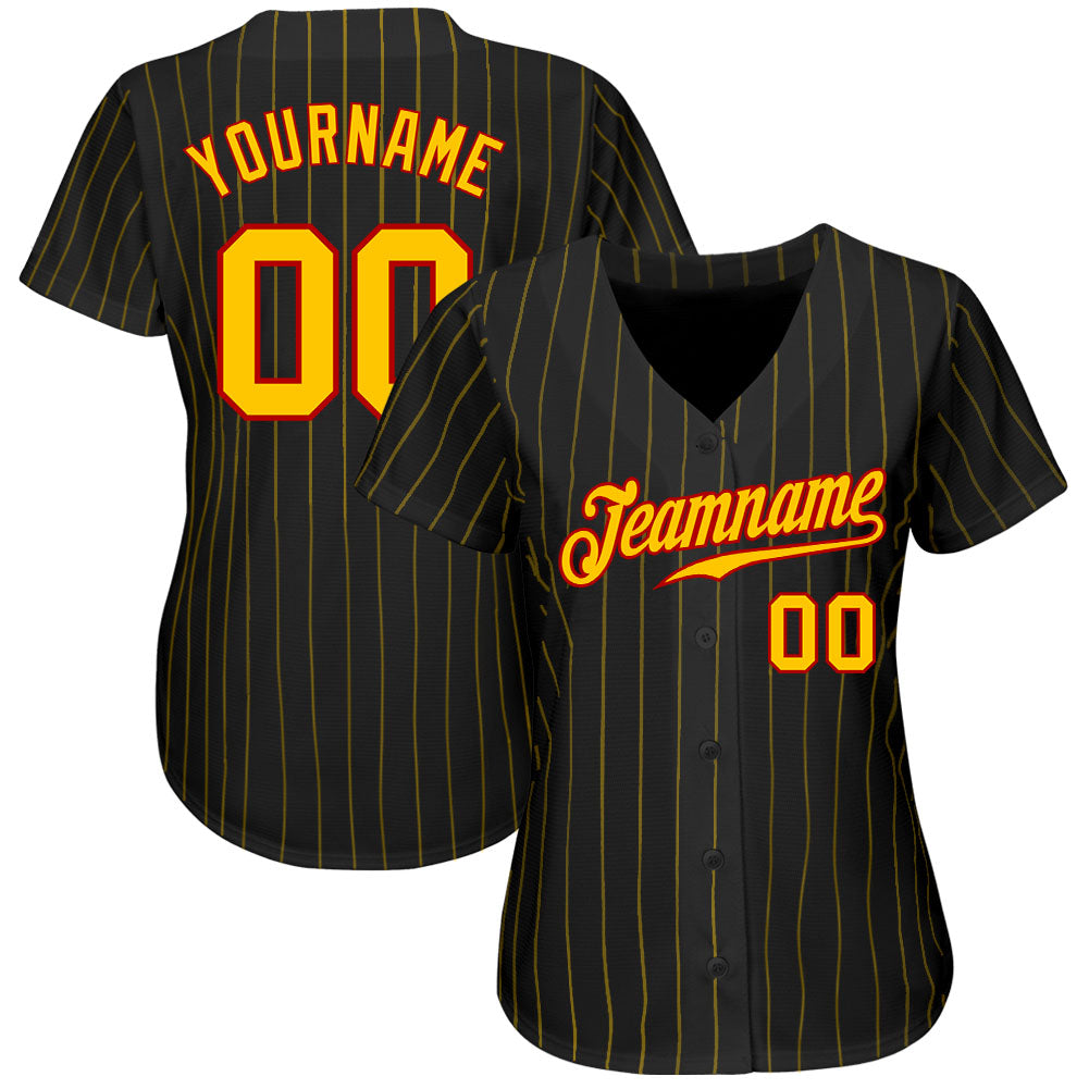 Custom Black Gold Pinstripe Gold-Red Authentic Baseball Jersey view 2