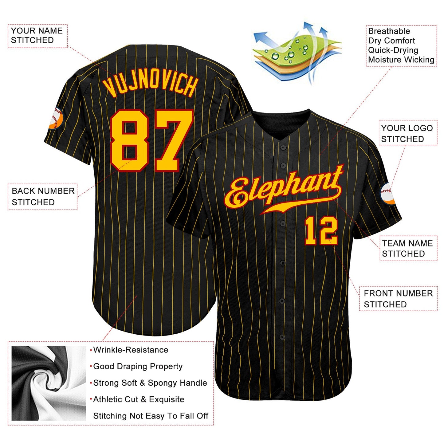 Custom Black Gold Pinstripe Gold-Red Authentic Baseball Jersey view 3