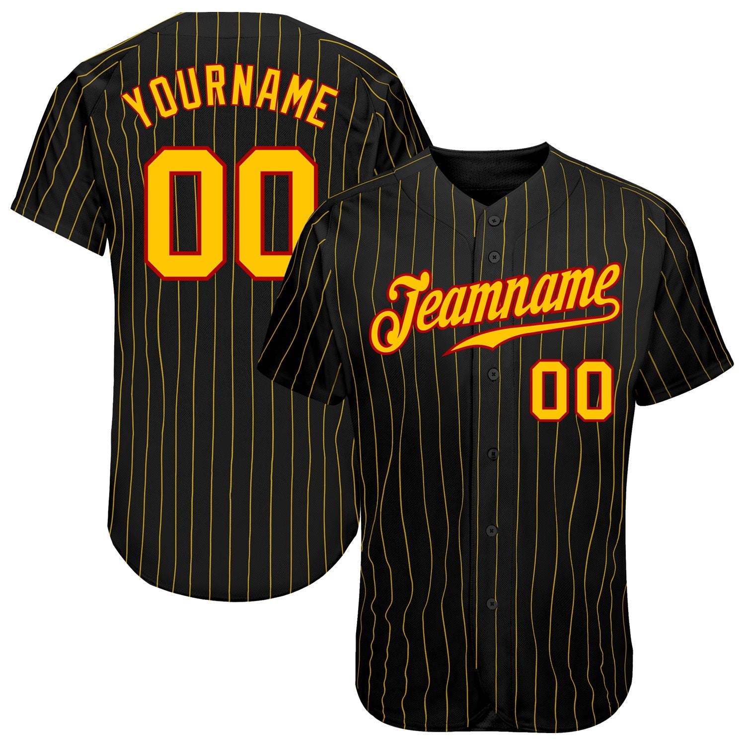Custom Black Gold Pinstripe Gold-Red Authentic Baseball Jersey - Main View