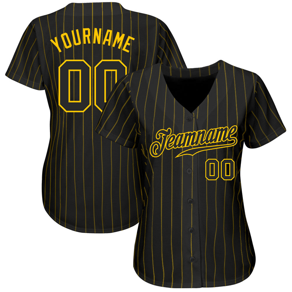 Custom Black Gold Pinstripe Black-Gold Authentic Baseball Jersey view 2