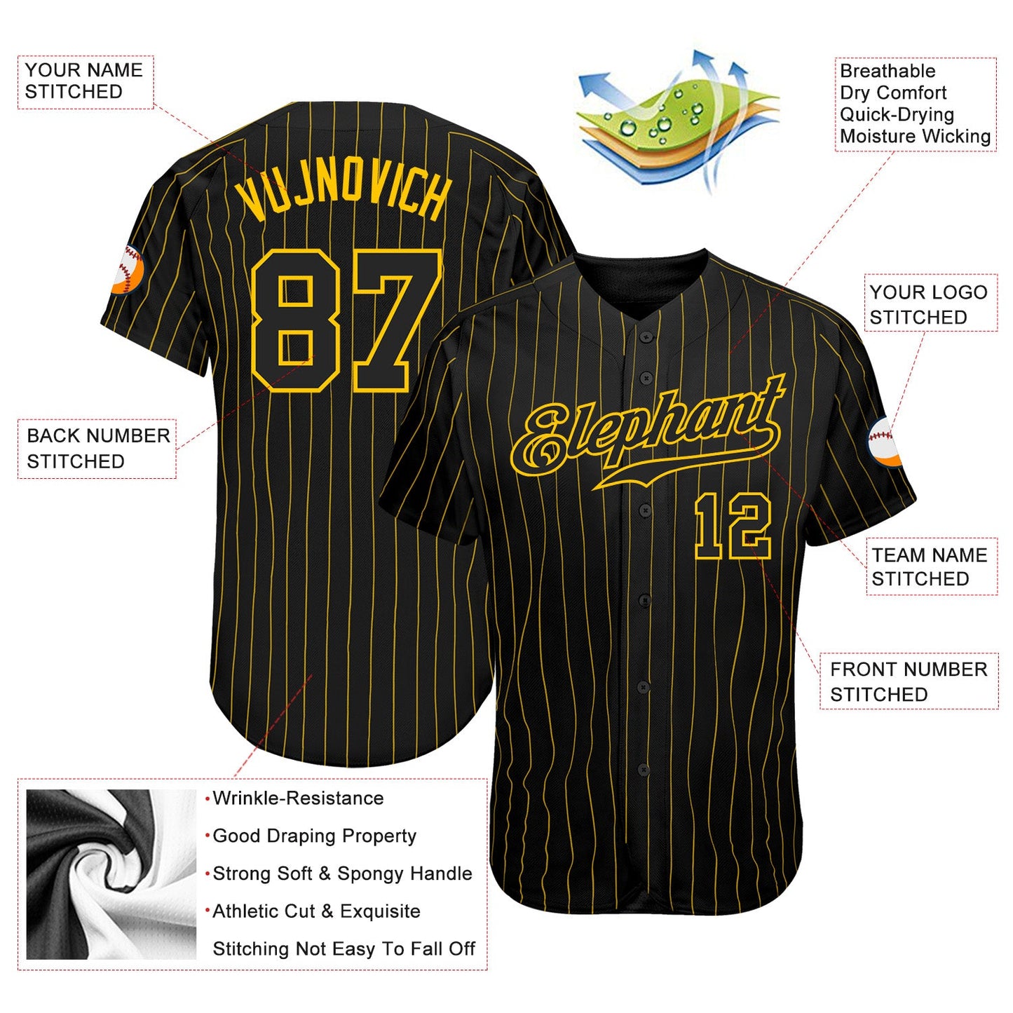 Custom Black Gold Pinstripe Black-Gold Authentic Baseball Jersey view 3