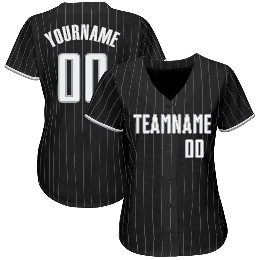 Custom Black Gray Pinstripe White-Gray Authentic Baseball Jersey view 2
