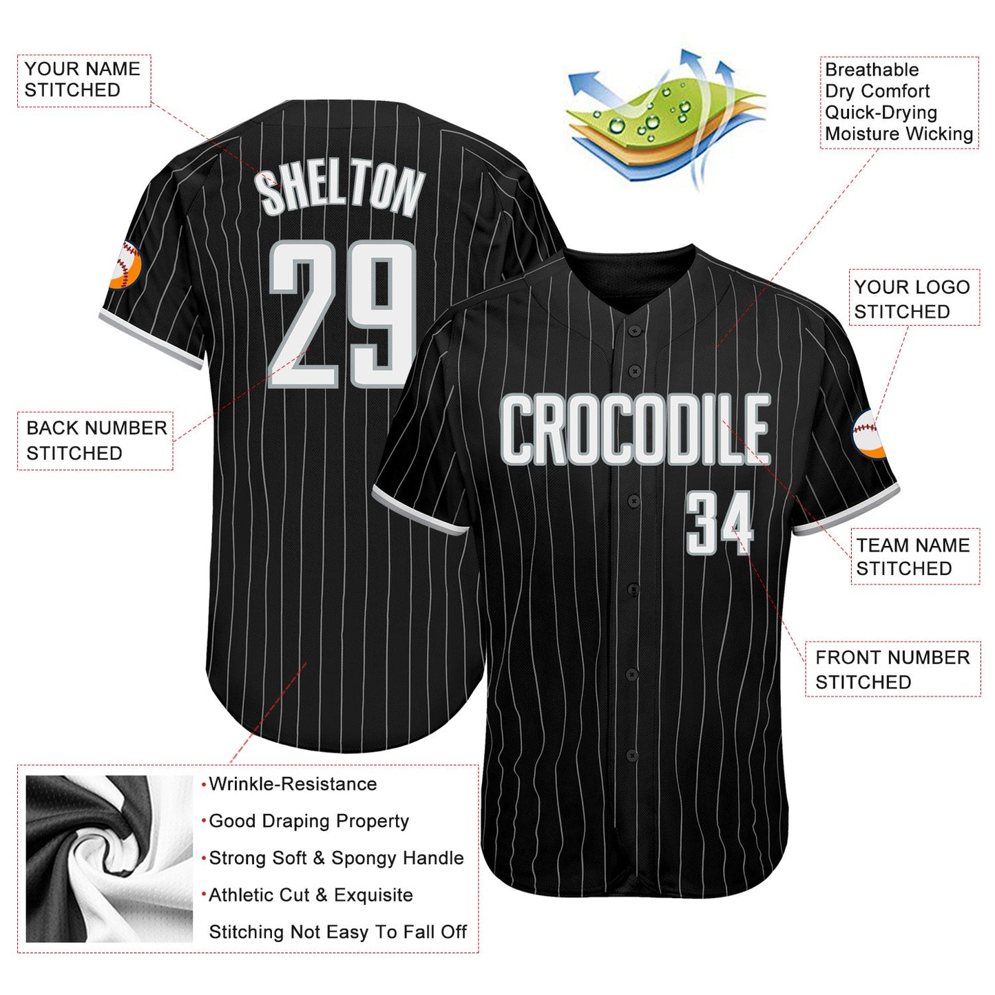 Custom Black Gray Pinstripe White-Gray Authentic Baseball Jersey view 3