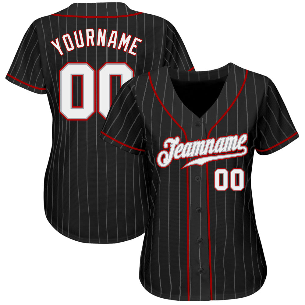 Custom Black Gray Pinstripe White-Red Authentic Baseball Jersey view 2