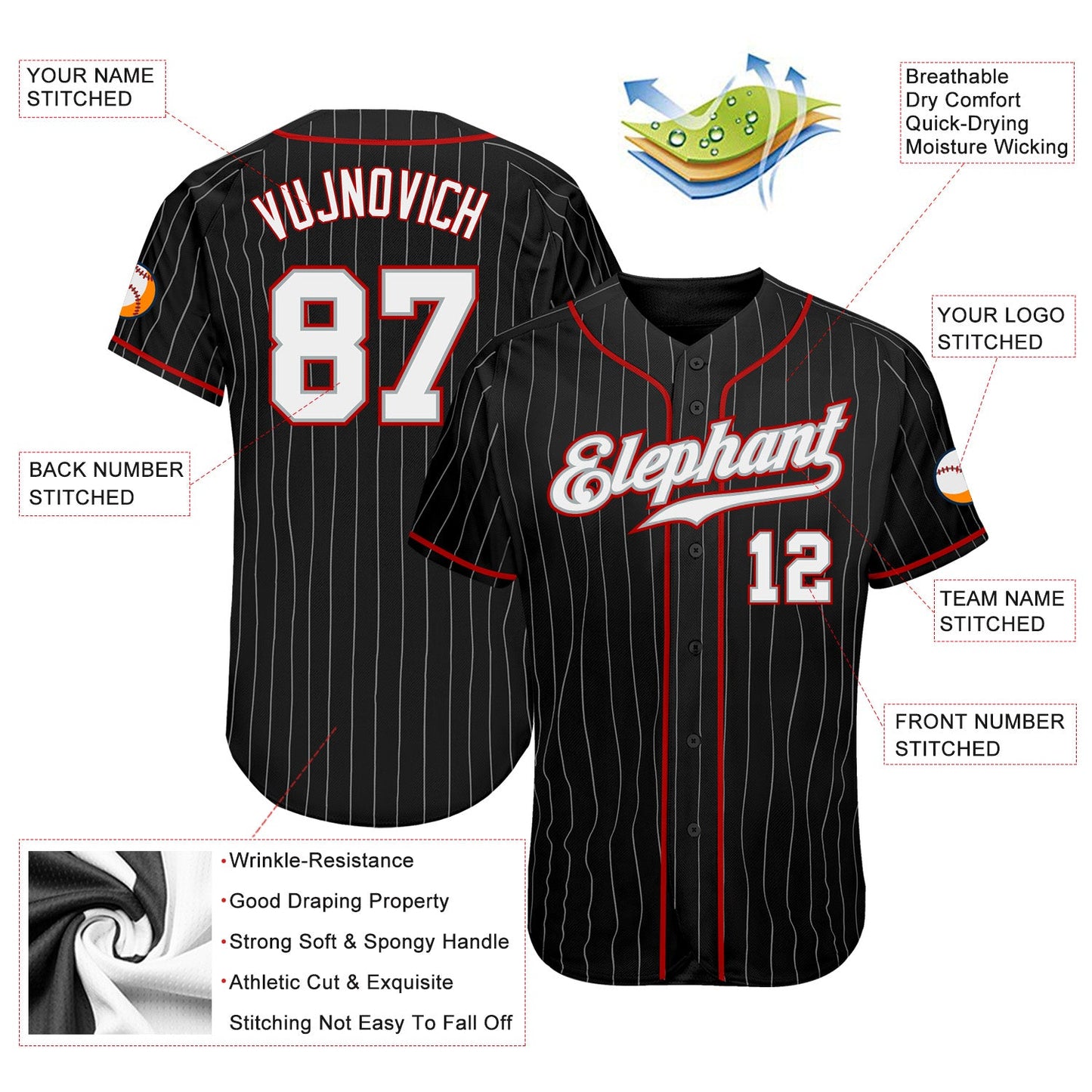 Custom Black Gray Pinstripe White-Red Authentic Baseball Jersey view 3