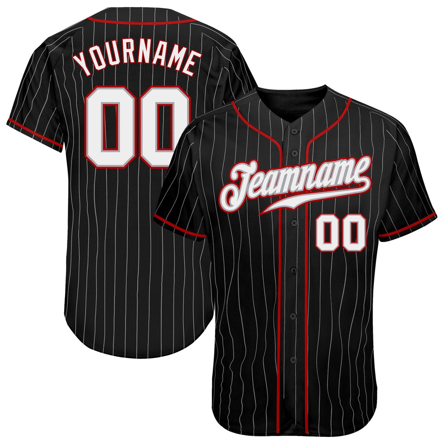 Custom Black Gray Pinstripe White-Red Authentic Baseball Jersey - Main View