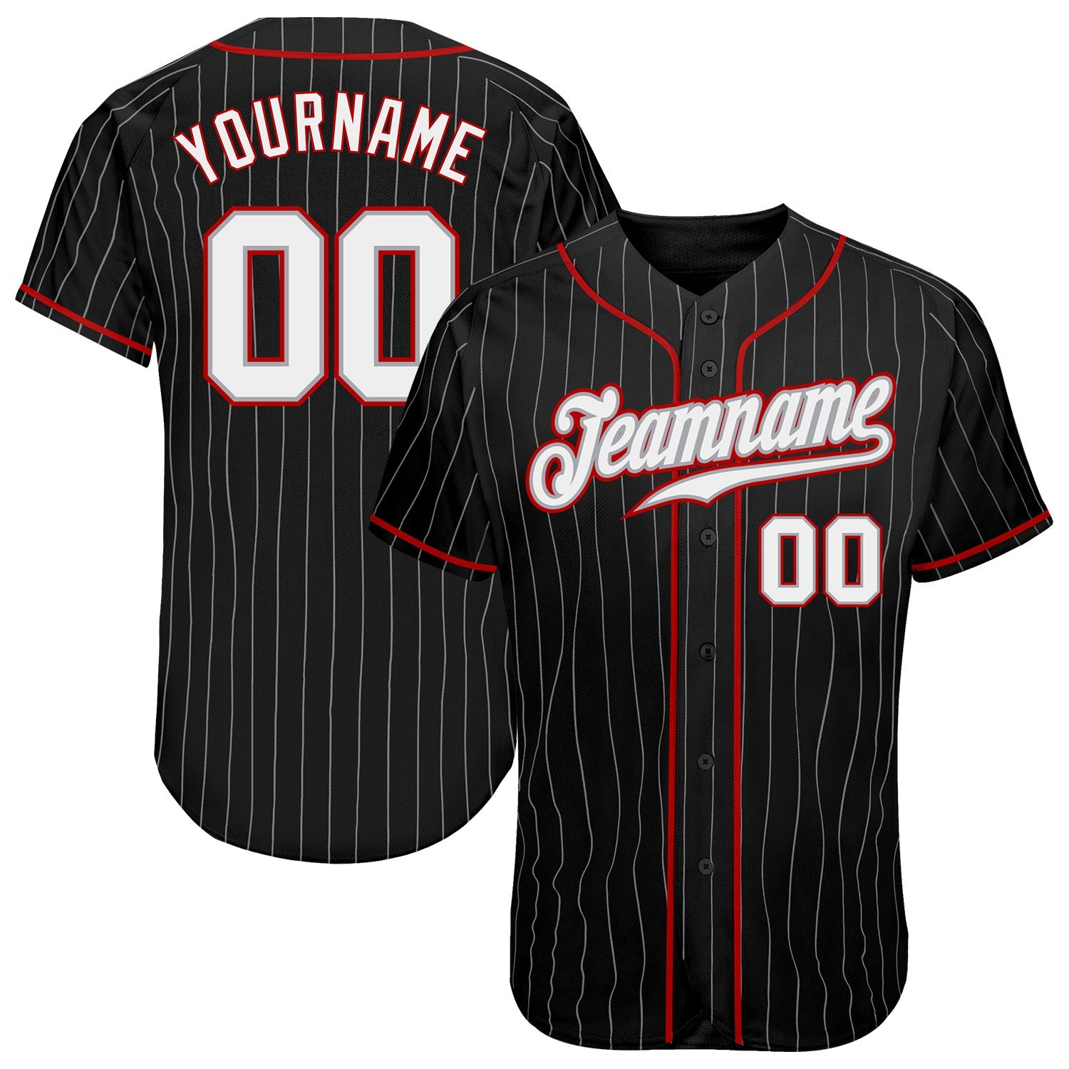 Custom Black Gray Pinstripe White-Red Authentic Baseball Jersey - Main View