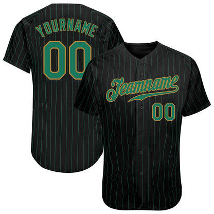 Custom Black Kelly Green Pinstripe Kelly Green-Old Gold Authentic Baseball Jersey - Main View