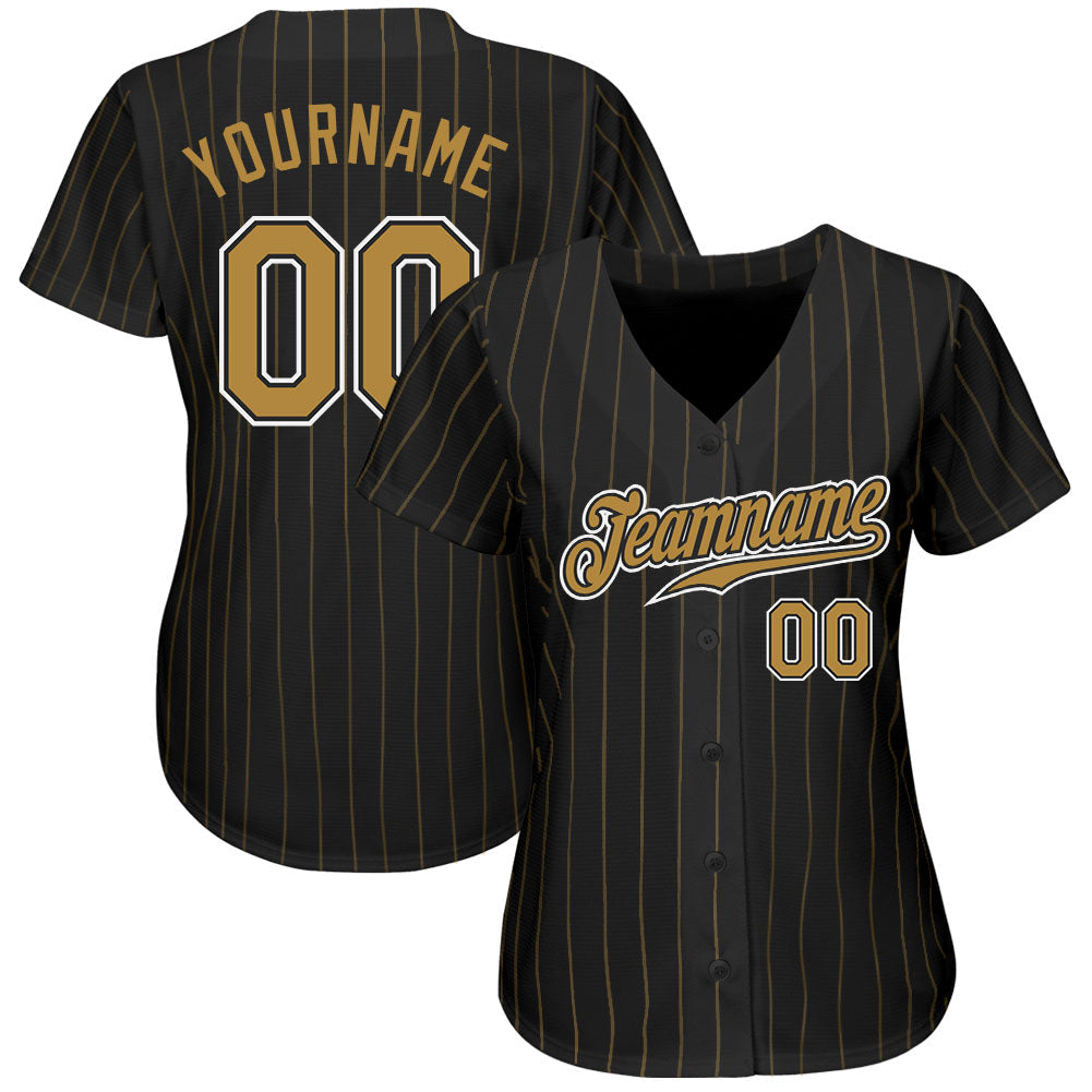Custom Black Old Gold Pinstripe Old Gold-White Authentic Baseball Jersey view 3