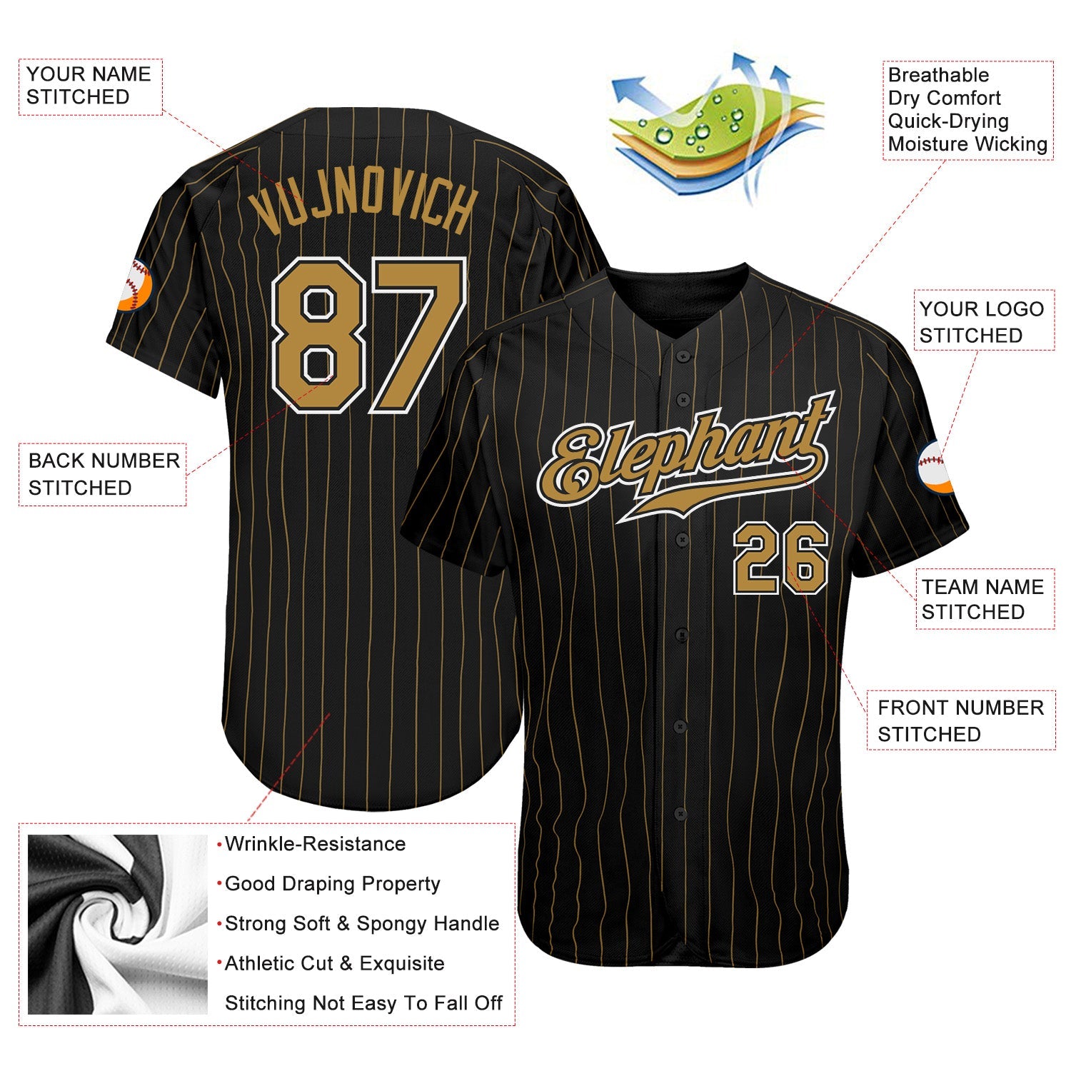 Custom Black Old Gold Pinstripe Old Gold-White Authentic Baseball Jersey view 4