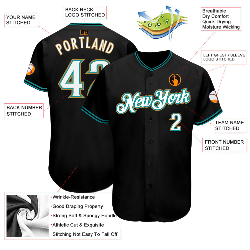 Custom Black White-Teal Authentic Baseball Jersey view 3