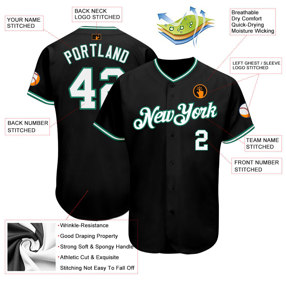 Custom Black White-Kelly Green Authentic Baseball Jersey view 3