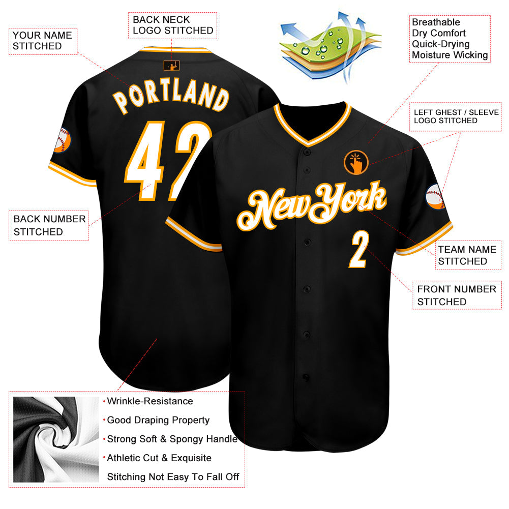Custom Black White-Gold Authentic Baseball Jersey view 3