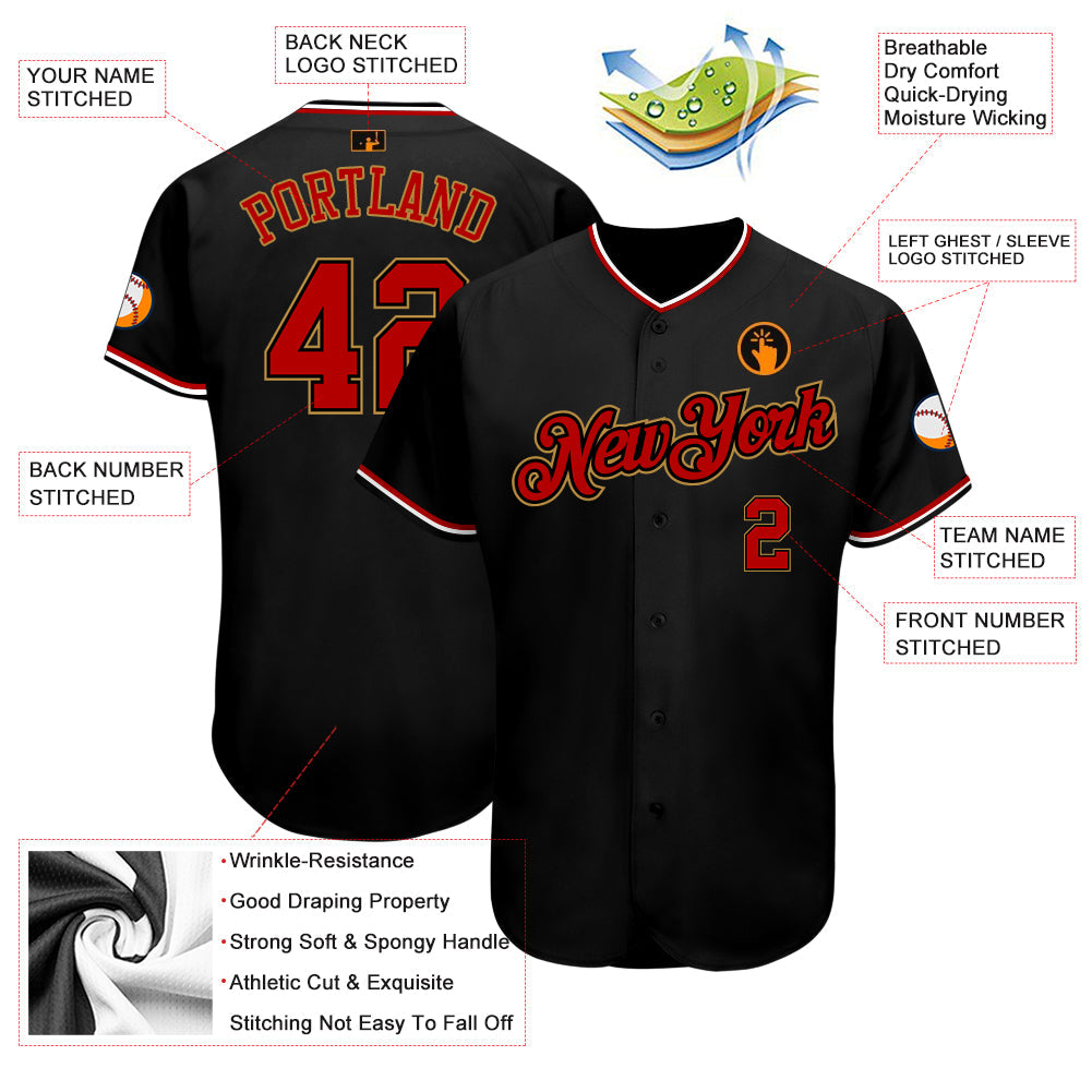 Custom Black Red-Old Gold Authentic Baseball Jersey view 3