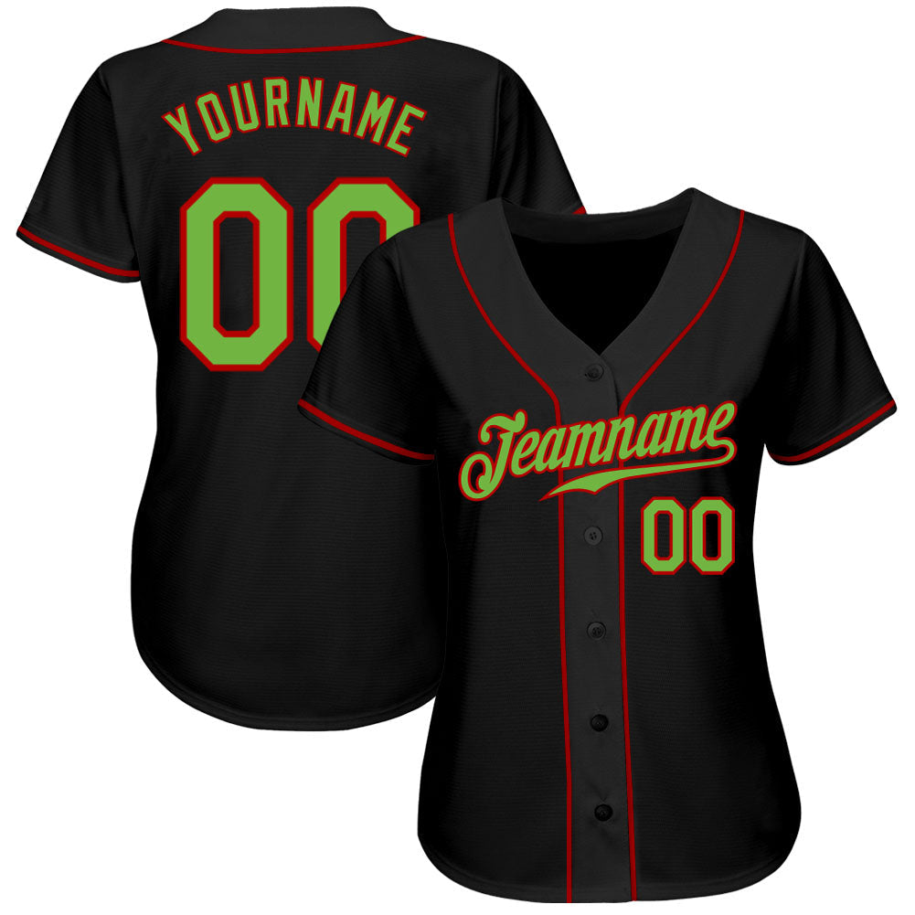 Custom Black Neon Green-Red Authentic Baseball Jersey view 3