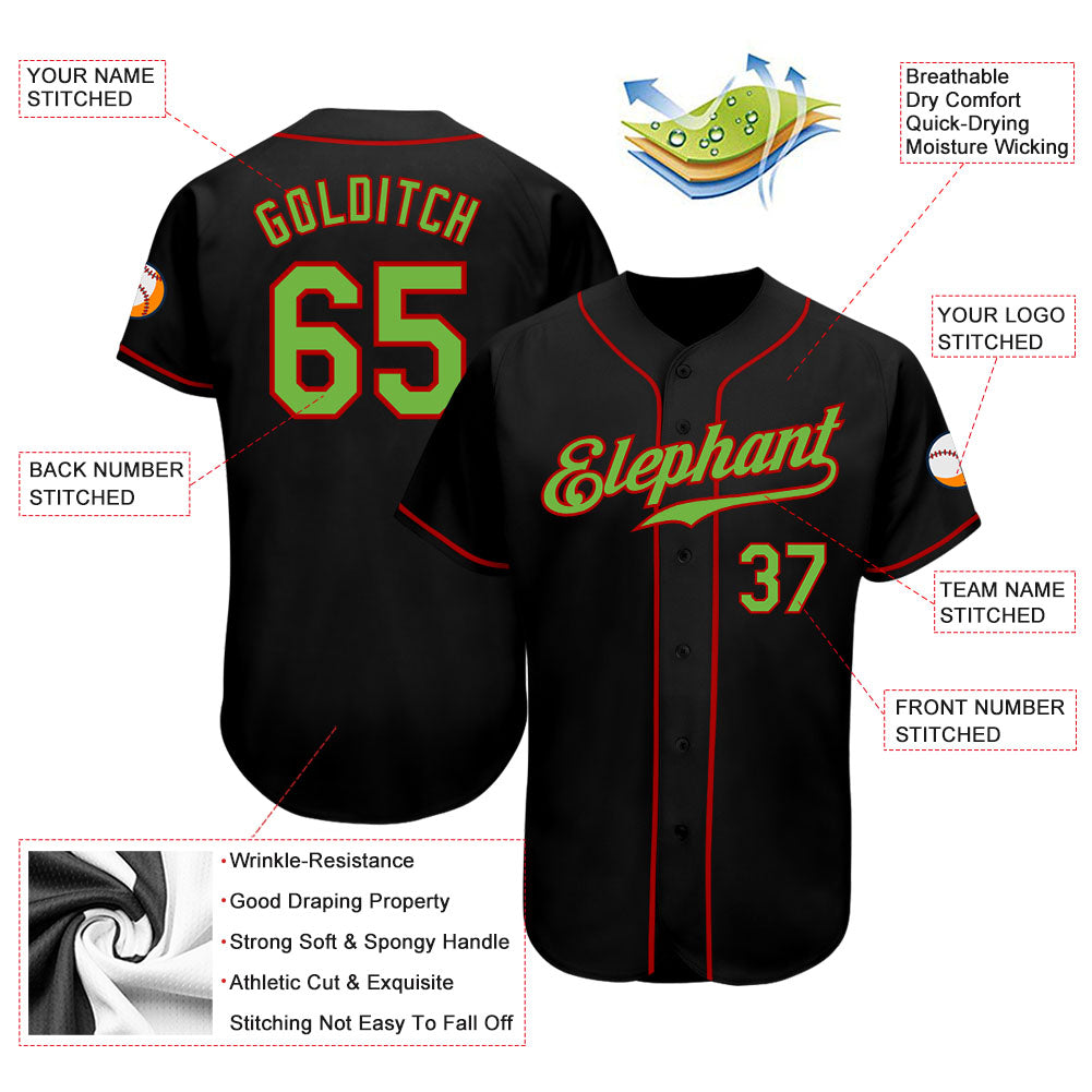 Custom Black Neon Green-Red Authentic Baseball Jersey view 4