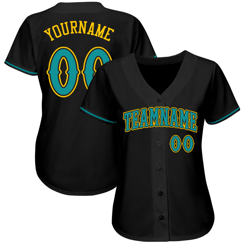 Custom Black Teal-Gold Authentic Baseball Jersey view 2