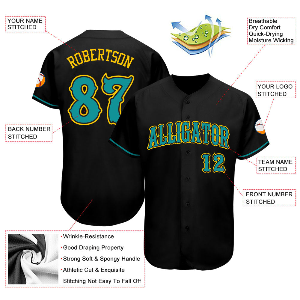 Custom Black Teal-Gold Authentic Baseball Jersey view 3