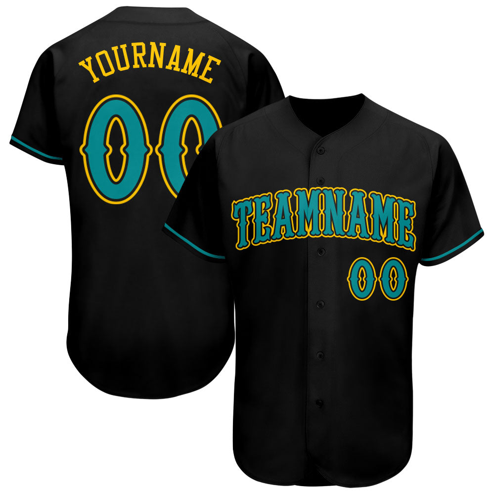 Custom Black Teal-Gold Authentic Baseball Jersey - Main View