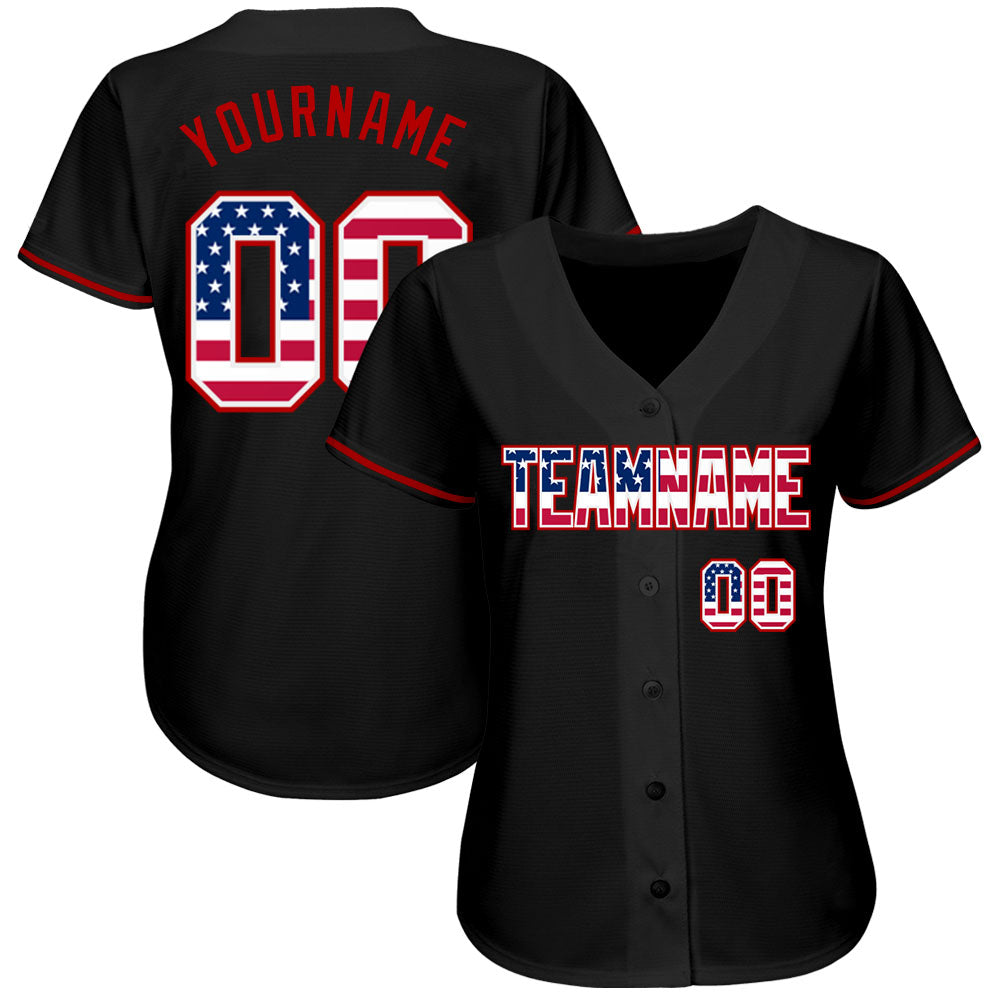 Custom Black USA Flag-Red Authentic Baseball Jersey view 3