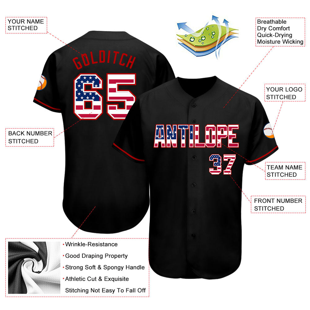 Custom Black USA Flag-Red Authentic Baseball Jersey view 4