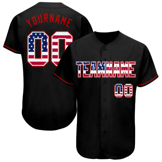Custom Black USA Flag-Red Authentic Baseball Jersey - Main View