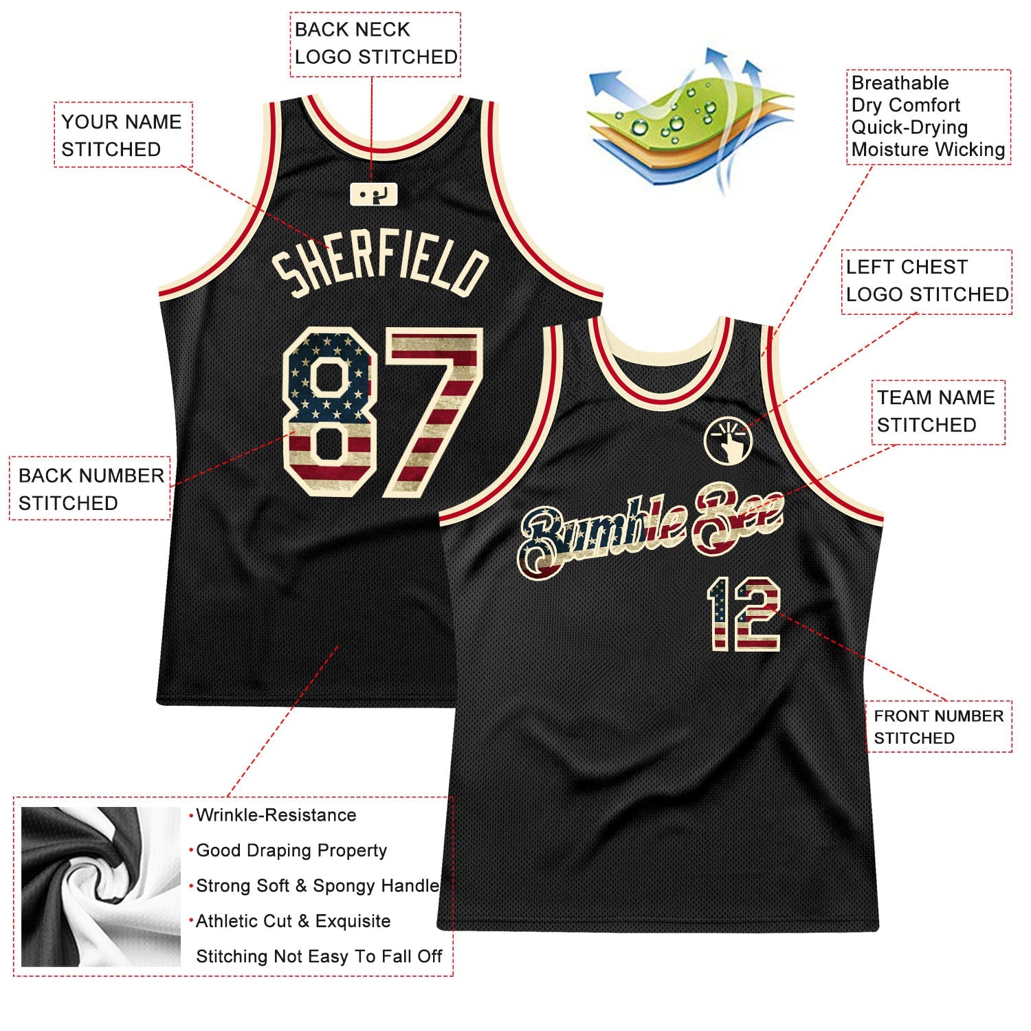 Custom Black Vintage USA Flag-Cream Authentic Throwback Basketball Jersey view 2