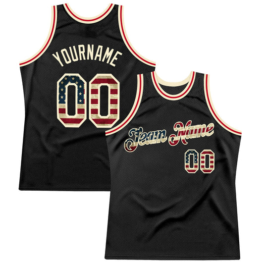 Custom Black Vintage USA Flag-Cream Authentic Throwback Basketball Jersey - Main View