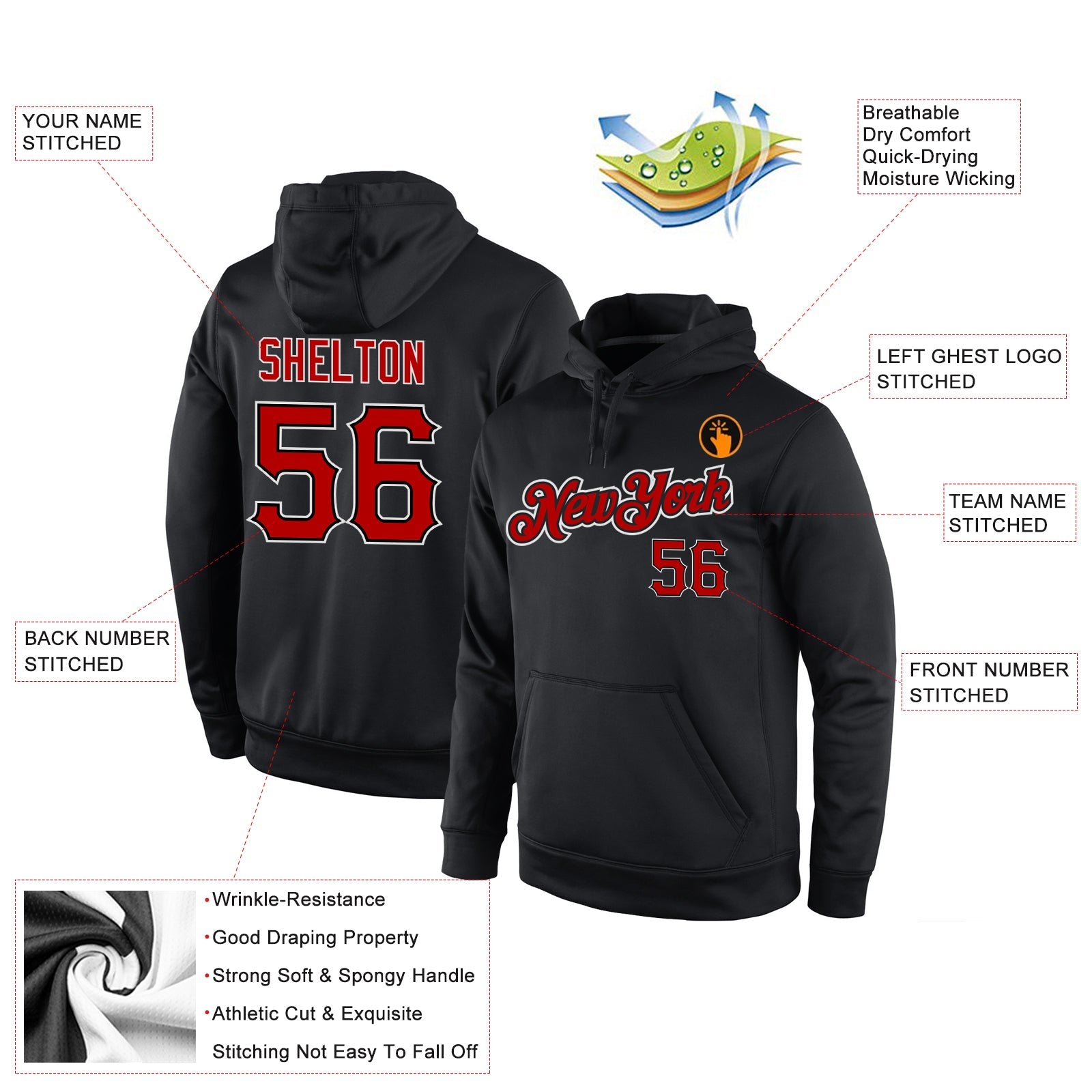 Custom Stitched Black Red-White Sports Pullover Sweatshirt Hoodie view 4