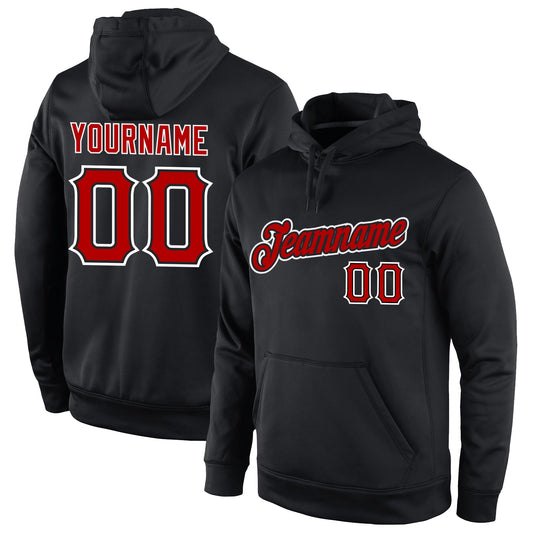 Custom Stitched Black Red-White Sports Pullover Sweatshirt Hoodie - Main View
