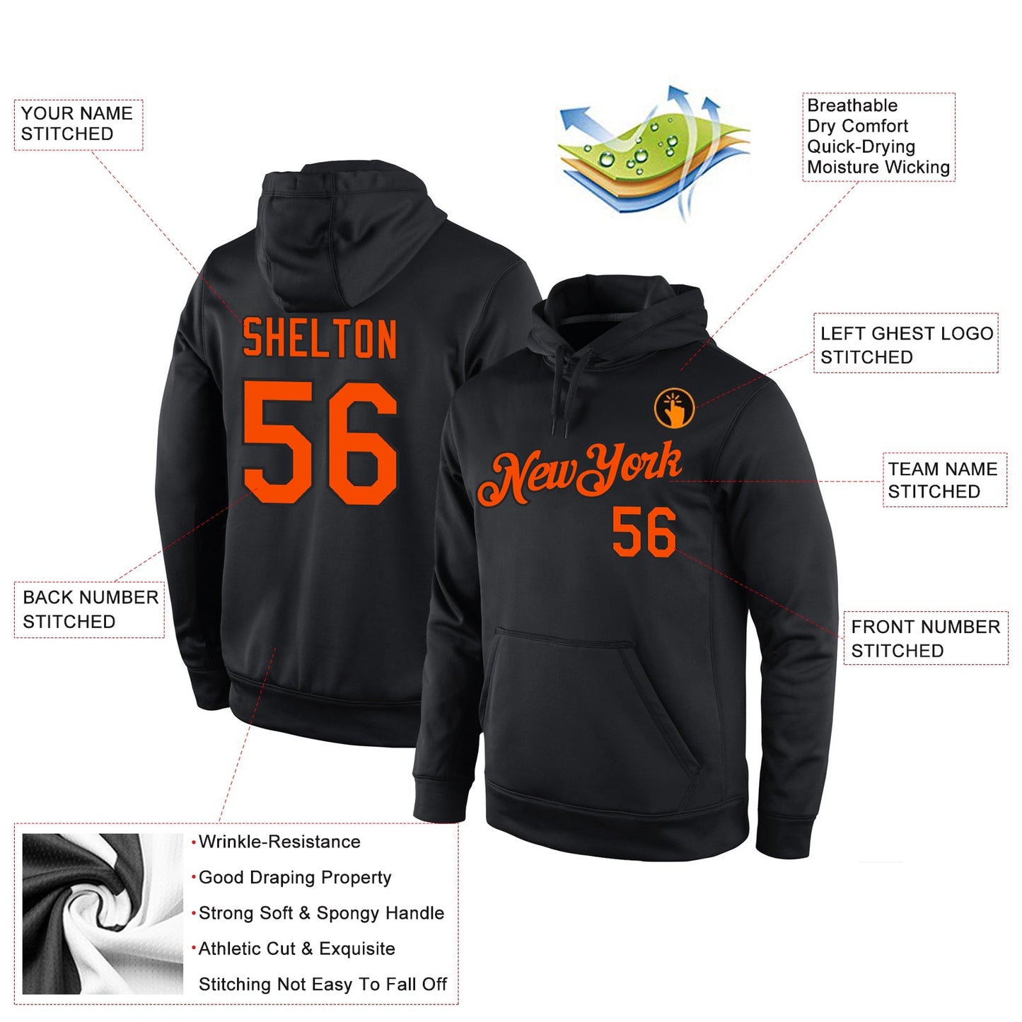 Custom Stitched Black Orange Sports Pullover Sweatshirt Hoodie view 4