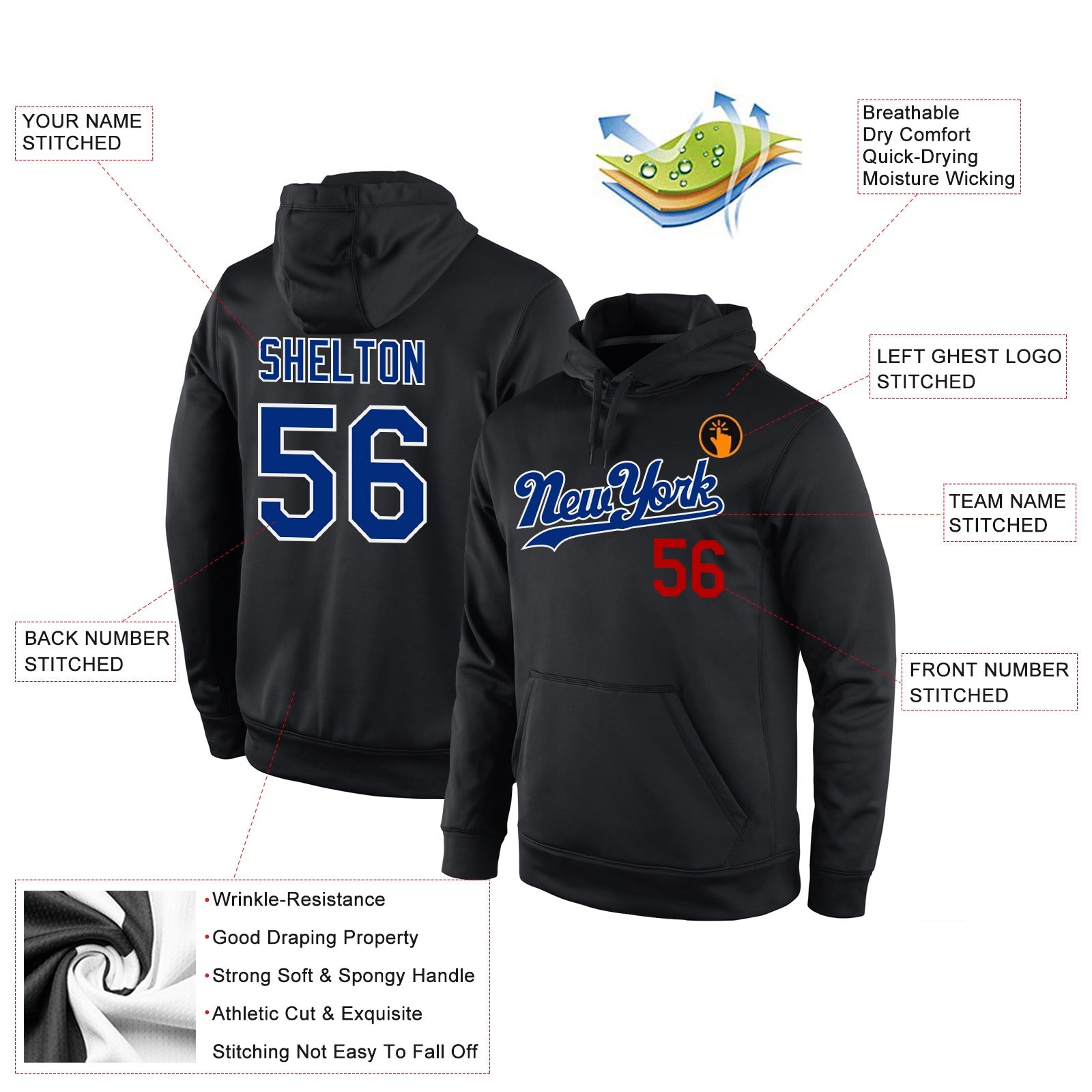 Custom Stitched Black Royal-Red Sports Pullover Sweatshirt Hoodie view 5