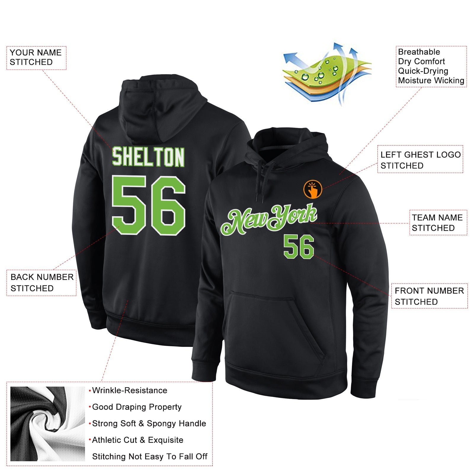 Custom Stitched Black Neon Green-White Sports Pullover Sweatshirt Hoodie view 4