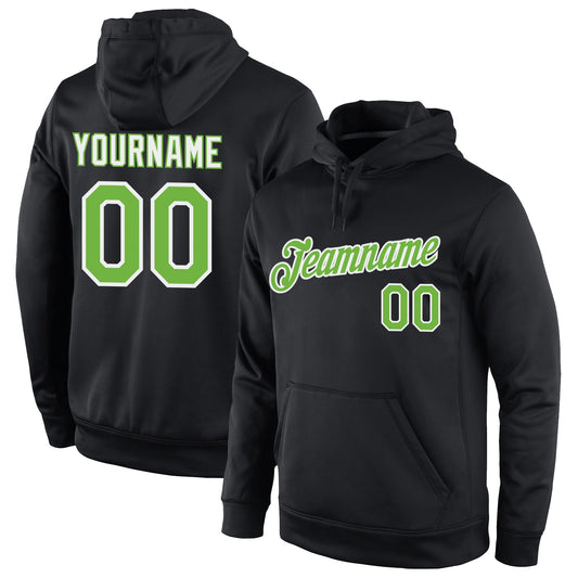 Custom Stitched Black Neon Green-White Sports Pullover Sweatshirt Hoodie - Main View